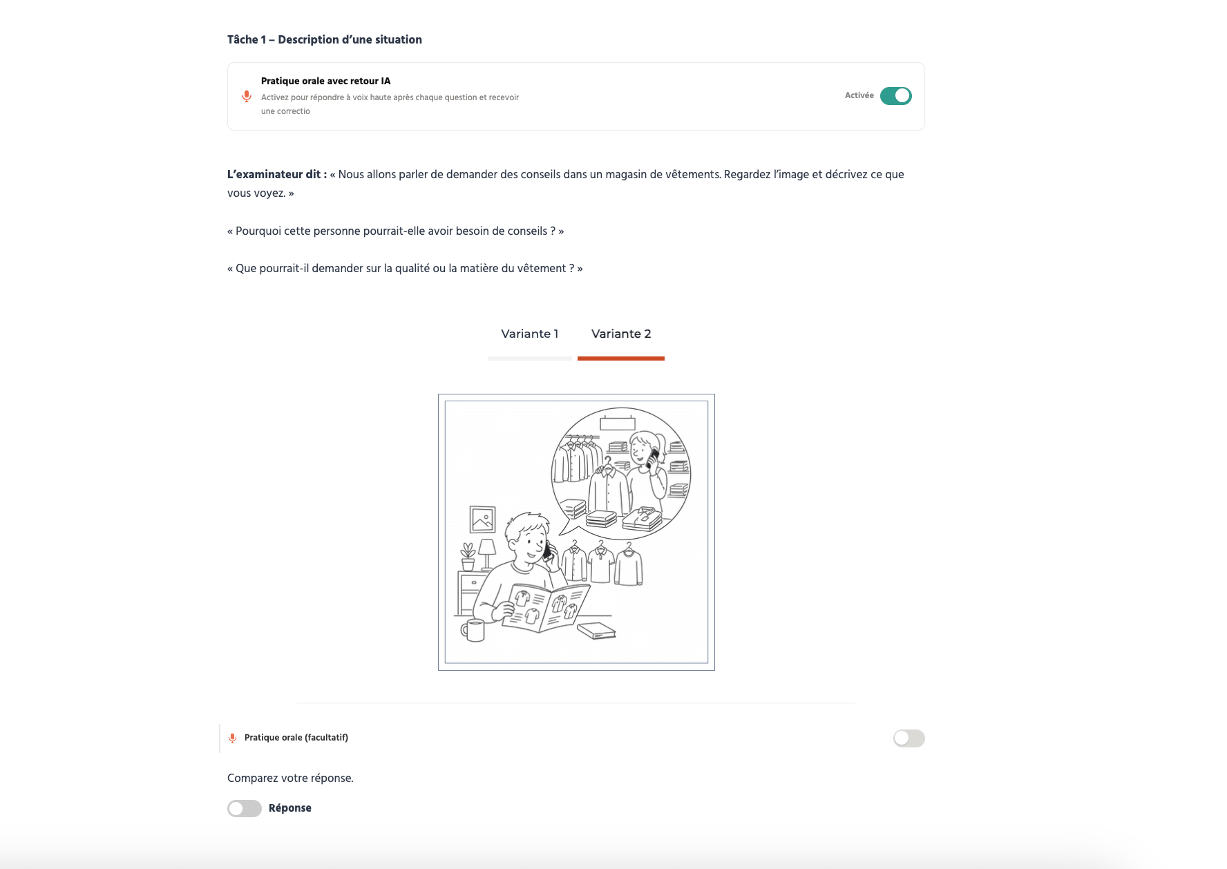 FIDE test sample paper: A2 speaking example with a picture description task and oral practice with AI feedback